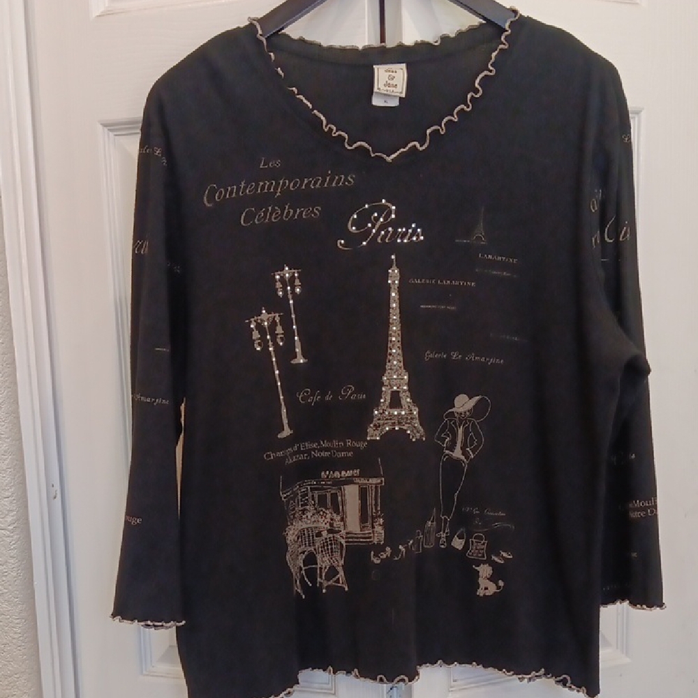 Jess And Jane Womens Rhinestone Paris Eiffel Tower  Graphic Top Size XL